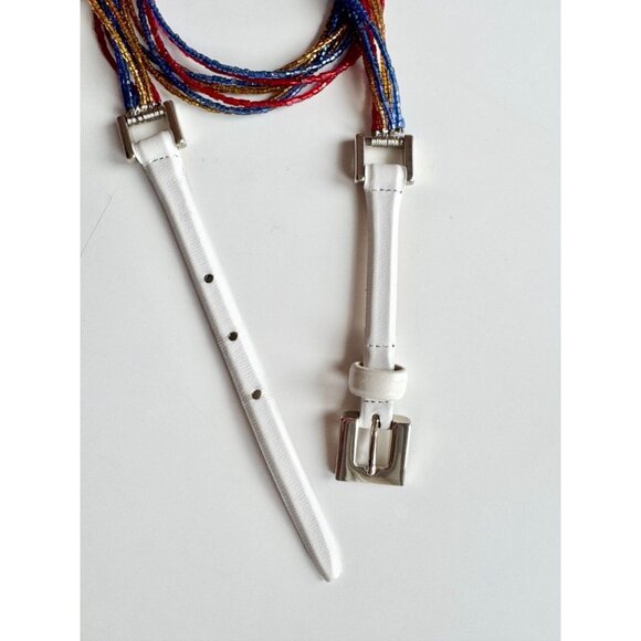Vintage SANDY DUFTLER DESIGNS White Leather Beaded Chain Skinny Belt - Picture 4 of 10